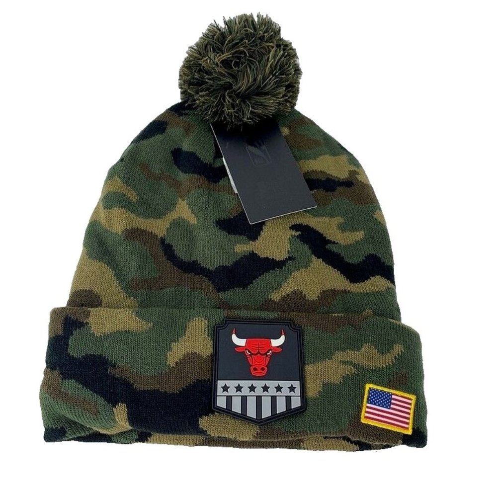 Chicago Bulls Green Camo Beanie Salute Army‎ Hat NBA Basketball Fleece USA